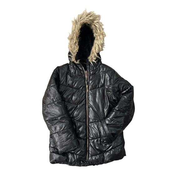 Juicy Couture Girls Black Puffer Jacket Tan Fuzzy Hood - Size 7/8 - Picture 1 of 3